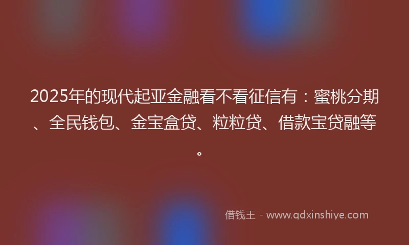 2025年的现代起亚金融看不看征信有：蜜桃分期、全民钱包、金宝盒贷、粒粒贷、借款宝贷融等。