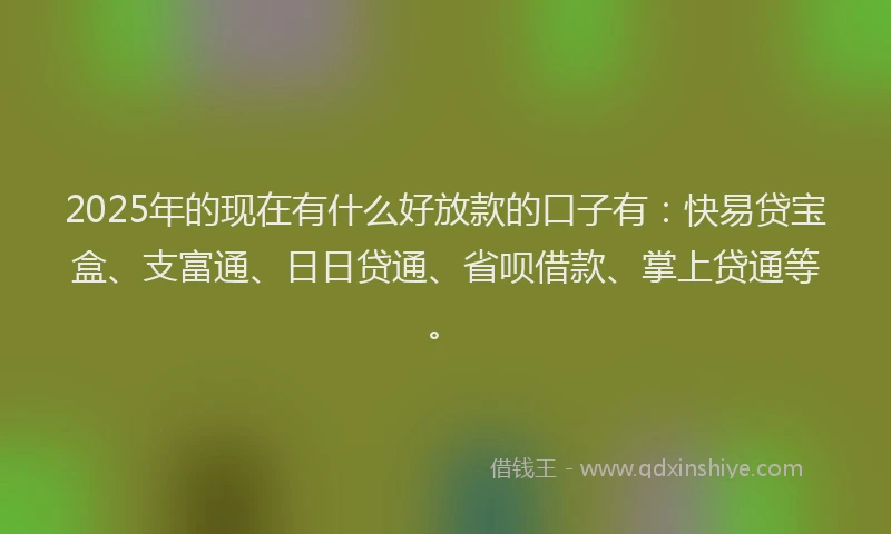 2025年的现在有什么好放款的口子有：快易贷宝盒、支富通、日日贷通、省呗借款、掌上贷通等。