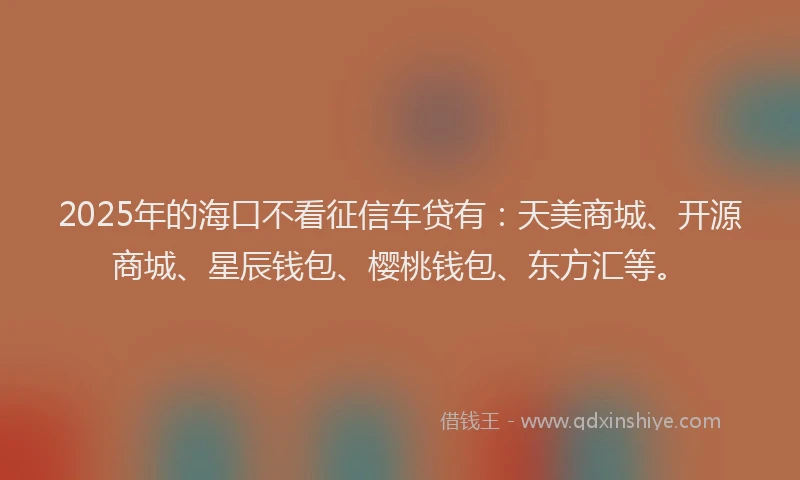 2025年的海口不看征信车贷有：天美商城、开源商城、星辰钱包、樱桃钱包、东方汇等。
