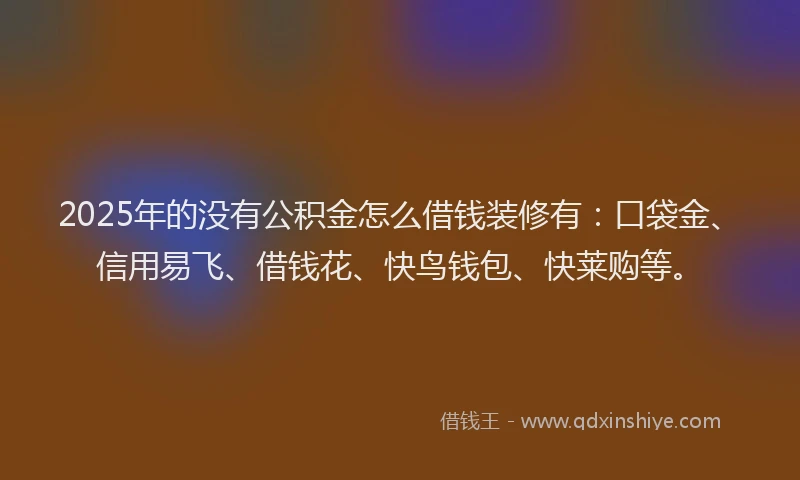 2025年的没有公积金怎么借钱装修有：口袋金、信用易飞、借钱花、快鸟钱包、快莱购等。
