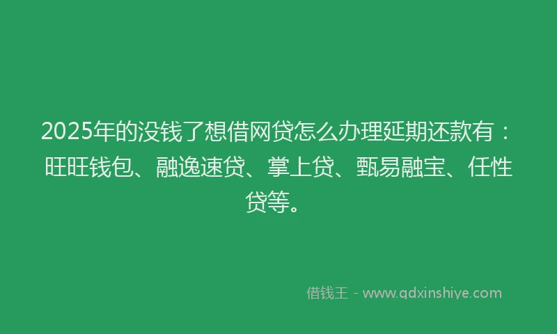 2025年的没钱了想借网贷怎么办理延期还款有：旺旺钱包、融逸速贷、掌上贷、甄易融宝、任性贷等。