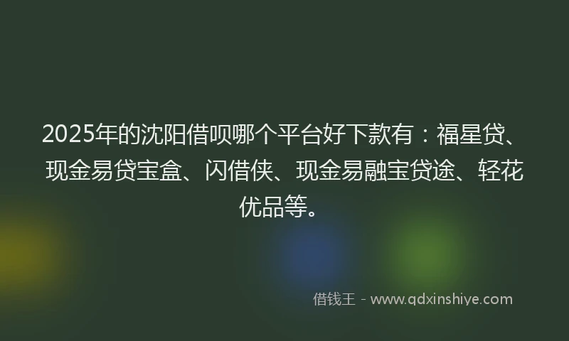 2025年的沈阳借呗哪个平台好下款有：福星贷、现金易贷宝盒、闪借侠、现金易融宝贷途、轻花优品等。