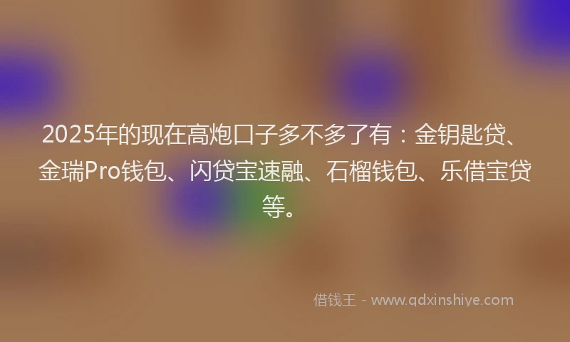 2025年的现在高炮口子多不多了有：金钥匙贷、金瑞Pro钱包、闪贷宝速融、石榴钱包、乐借宝贷等。
