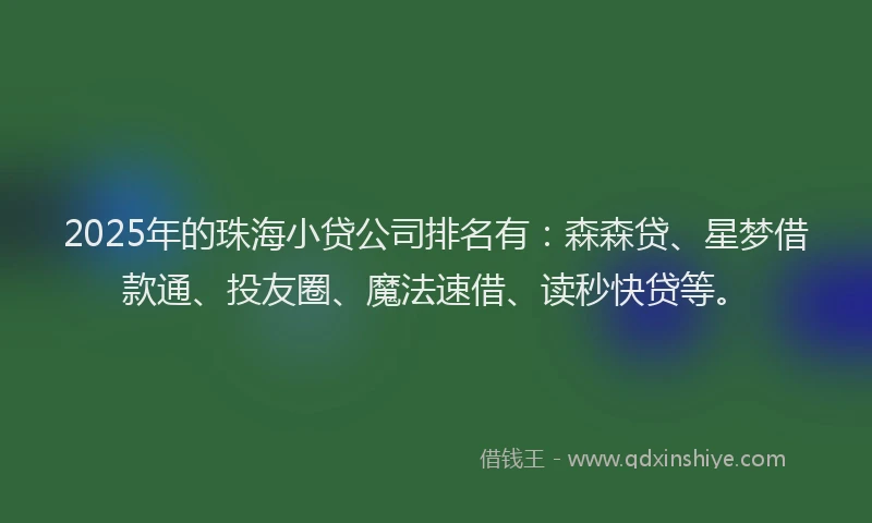 2025年的珠海小贷公司排名有：森森贷、星梦借款通、投友圈、魔法速借、读秒快贷等。
