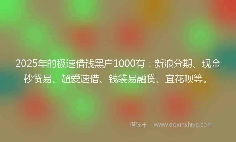 2025年的极速借钱黑户1000有：新浪分期、现金秒贷易、超爱速借、钱袋易融贷、宜花呗等。