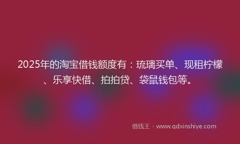 2025年的淘宝借钱额度有：琉璃买单、现租柠檬、乐享快借、拍拍贷、袋鼠钱包等。