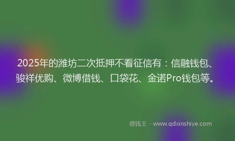 2025年的潍坊二次抵押不看征信有：信融钱包、骏祥优购、微博借钱、口袋花、金诺Pro钱包等。