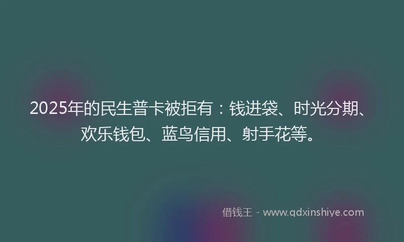 2025年的民生普卡被拒有：钱进袋、时光分期、欢乐钱包、蓝鸟信用、射手花等。