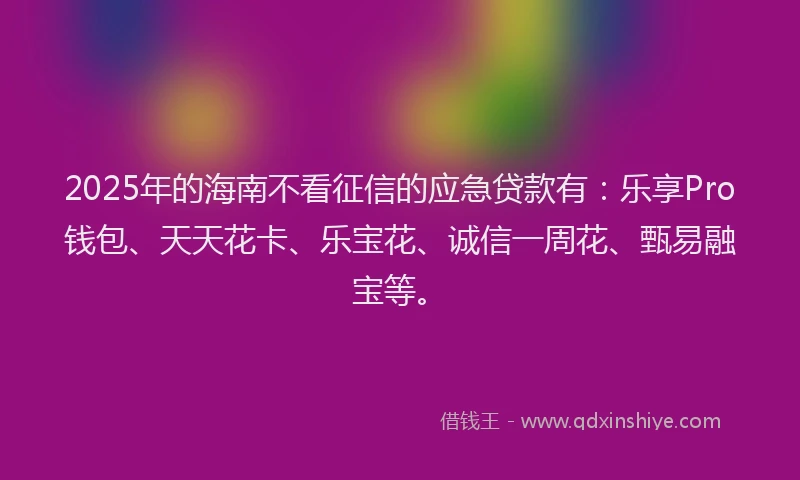 2025年的海南不看征信的应急贷款有：乐享Pro钱包、天天花卡、乐宝花、诚信一周花、甄易融宝等。