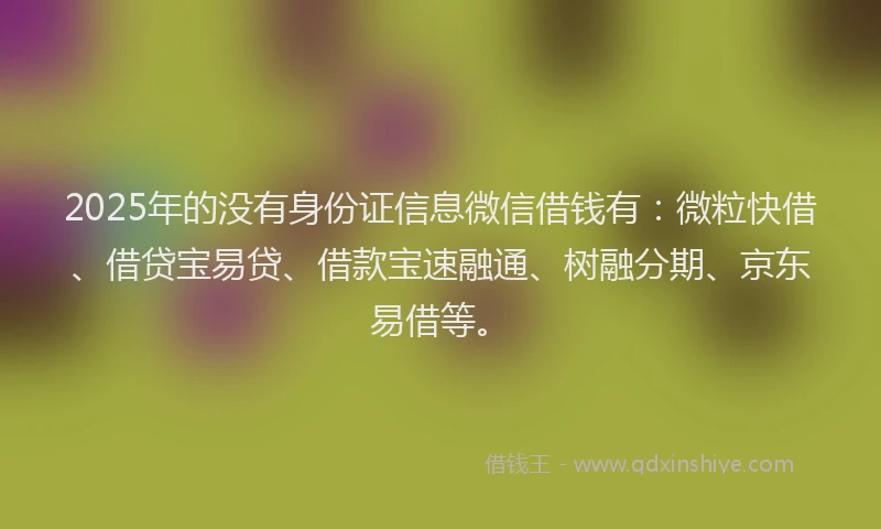 2025年的没有身份证信息微信借钱有：微粒快借、借贷宝易贷、借款宝速融通、树融分期、京东易借等。