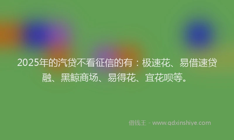 2025年的汽贷不看征信的有：极速花、易借速贷融、黑鲸商场、易得花、宜花呗等。
