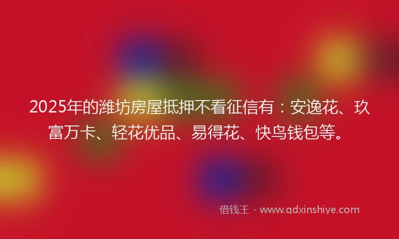 2025年的潍坊房屋抵押不看征信有：安逸花、玖富万卡、轻花优品、易得花、快鸟钱包等。