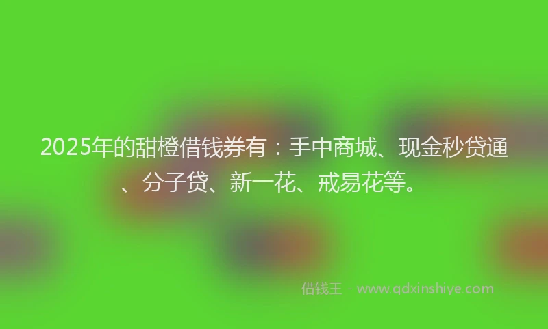 2025年的甜橙借钱券有：手中商城、现金秒贷通、分子贷、新一花、戒易花等。