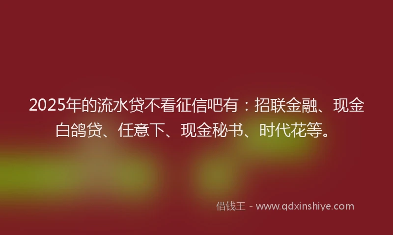 2025年的流水贷不看征信吧有：招联金融、现金白鸽贷、任意下、现金秘书、时代花等。