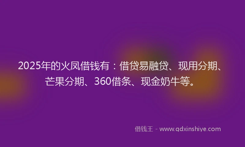 2025年的火凤借钱有：借贷易融贷、现用分期、芒果分期、360借条、现金奶牛等。