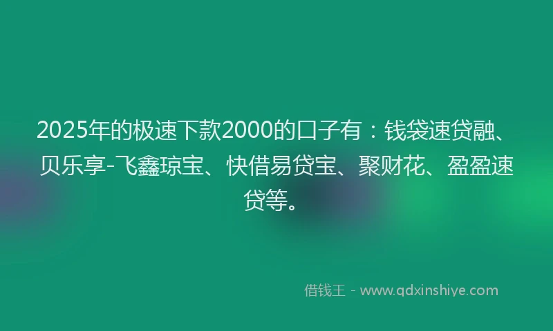 2025年的极速下款2000的口子有：钱袋速贷融、贝乐享-飞鑫琼宝、快借易贷宝、聚财花、盈盈速贷等。