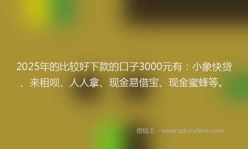 2025年的比较好下款的口子3000元有：小象快贷、来租呗、人人拿、现金易借宝、现金蜜蜂等。