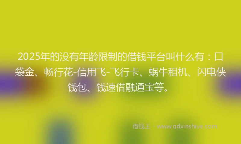 2025年的没有年龄限制的借钱平台叫什么有：口袋金、畅行花-信用飞-飞行卡、蜗牛租机、闪电侠钱包、钱速借融通宝等。