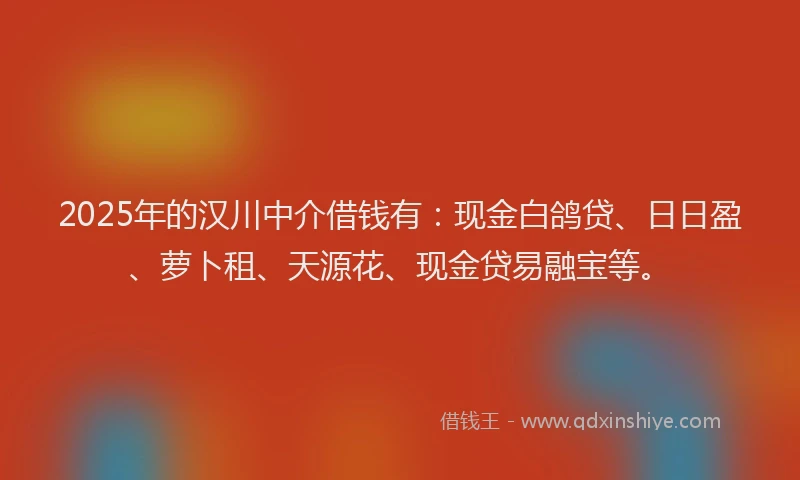 2025年的汉川中介借钱有：现金白鸽贷、日日盈、萝卜租、天源花、现金贷易融宝等。