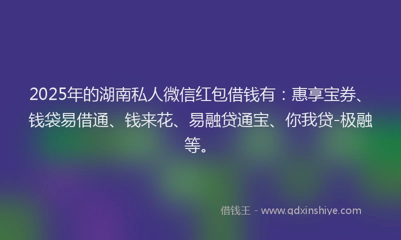 2025年的湖南私人微信红包借钱有：惠享宝券、钱袋易借通、钱来花、易融贷通宝、你我贷-极融等。