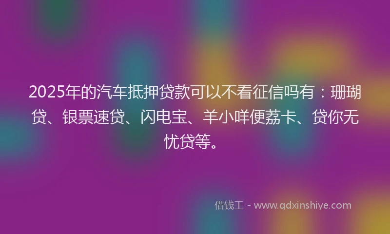 2025年的汽车抵押贷款可以不看征信吗有：珊瑚贷、银票速贷、闪电宝、羊小咩便荔卡、贷你无忧贷等。