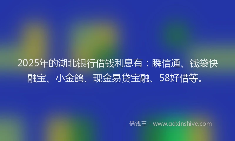 2025年的湖北银行借钱利息有：瞬信通、钱袋快融宝、小金鸽、现金易贷宝融、58好借等。