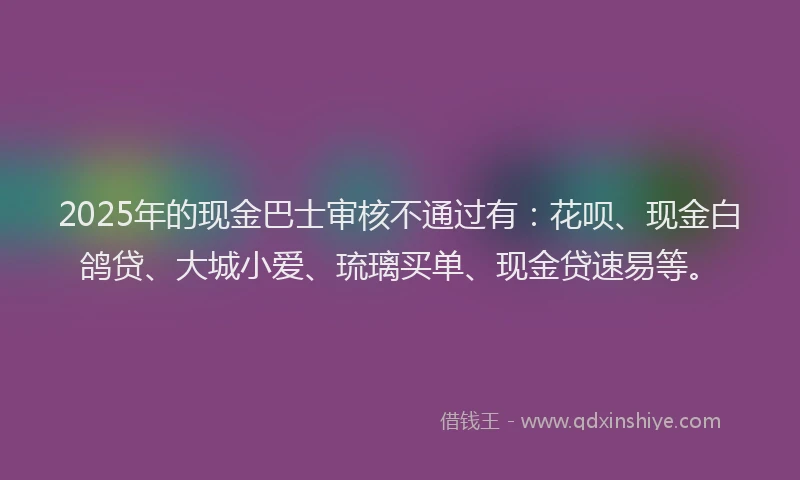 2025年的现金巴士审核不通过有：花呗、现金白鸽贷、大城小爱、琉璃买单、现金贷速易等。