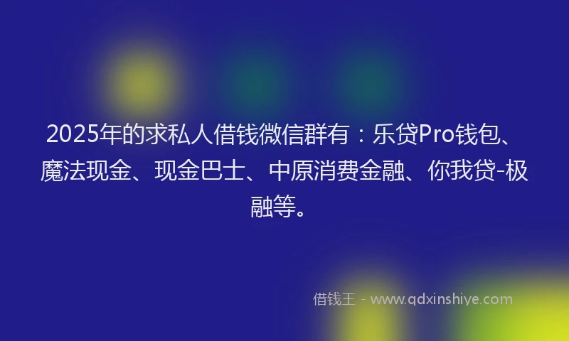 2025年的求私人借钱微信群有：乐贷Pro钱包、魔法现金、现金巴士、中原消费金融、你我贷-极融等。
