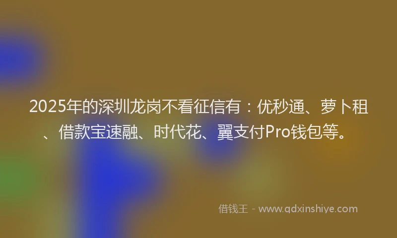 2025年的深圳龙岗不看征信有：优秒通、萝卜租、借款宝速融、时代花、翼支付Pro钱包等。