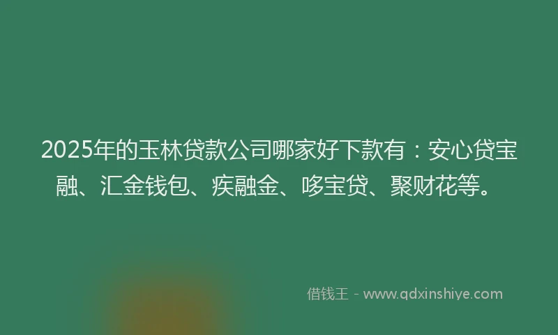 2025年的玉林贷款公司哪家好下款有：安心贷宝融、汇金钱包、疾融金、哆宝贷、聚财花等。