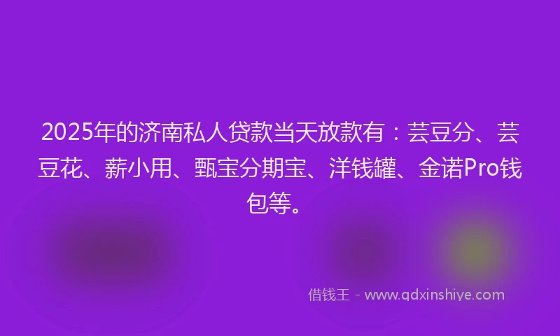 2025年的济南私人贷款当天放款有：芸豆分、芸豆花、薪小用、甄宝分期宝、洋钱罐、金诺Pro钱包等。