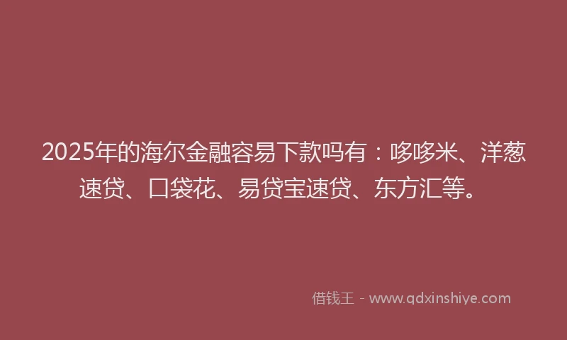 2025年的海尔金融容易下款吗有：哆哆米、洋葱速贷、口袋花、易贷宝速贷、东方汇等。