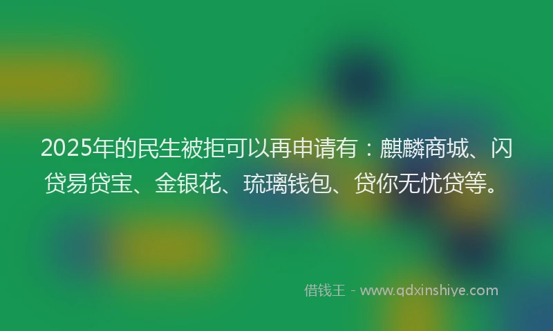2025年的民生被拒可以再申请有：麒麟商城、闪贷易贷宝、金银花、琉璃钱包、贷你无忧贷等。