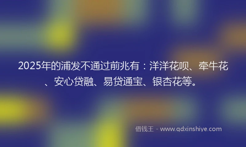 2025年的浦发不通过前兆有：洋洋花呗、牵牛花、安心贷融、易贷通宝、银杏花等。