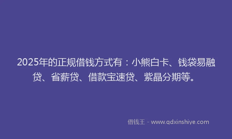 2025年的正规借钱方式有：小熊白卡、钱袋易融贷、省薪贷、借款宝速贷、紫晶分期等。