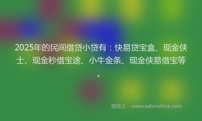 2025年的民间借贷小贷有：快易贷宝盒、现金侠士、现金秒借宝途、小牛金条、现金侠易借宝等。