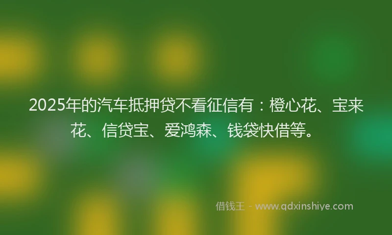 2025年的汽车抵押贷不看征信有：橙心花、宝来花、信贷宝、爱鸿森、钱袋快借等。