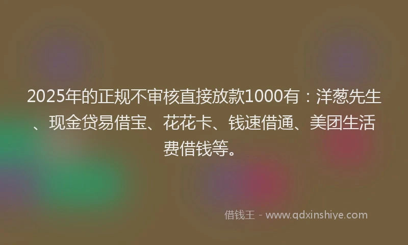 2025年的正规不审核直接放款1000有：洋葱先生、现金贷易借宝、花花卡、钱速借通、美团生活费借钱等。