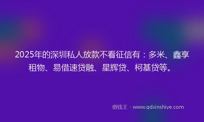 2025年的深圳私人放款不看征信有：多米、鑫享租物、易借速贷融、星辉贷、柯基贷等。