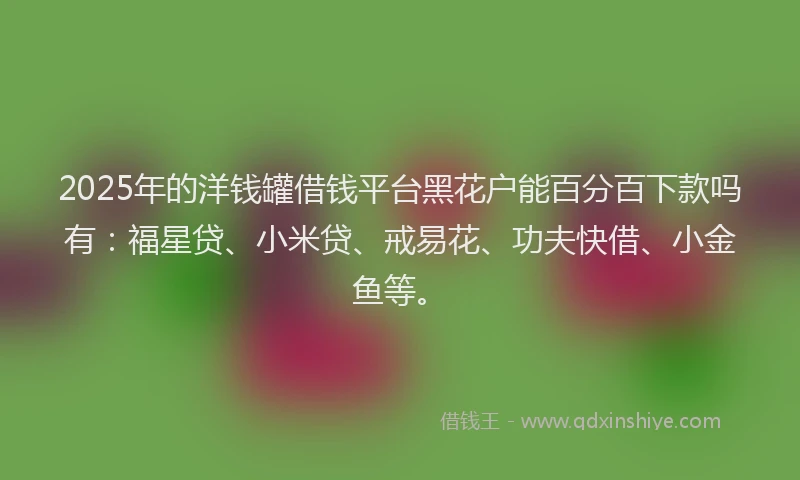 2025年的洋钱罐借钱平台黑花户能百分百下款吗有：福星贷、小米贷、戒易花、功夫快借、小金鱼等。