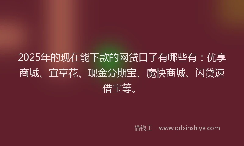 2025年的现在能下款的网贷口子有哪些有：优享商城、宜享花、现金分期宝、魔快商城、闪贷速借宝等。