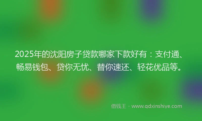 2025年的沈阳房子贷款哪家下款好有：支付通、畅易钱包、贷你无忧、替你速还、轻花优品等。