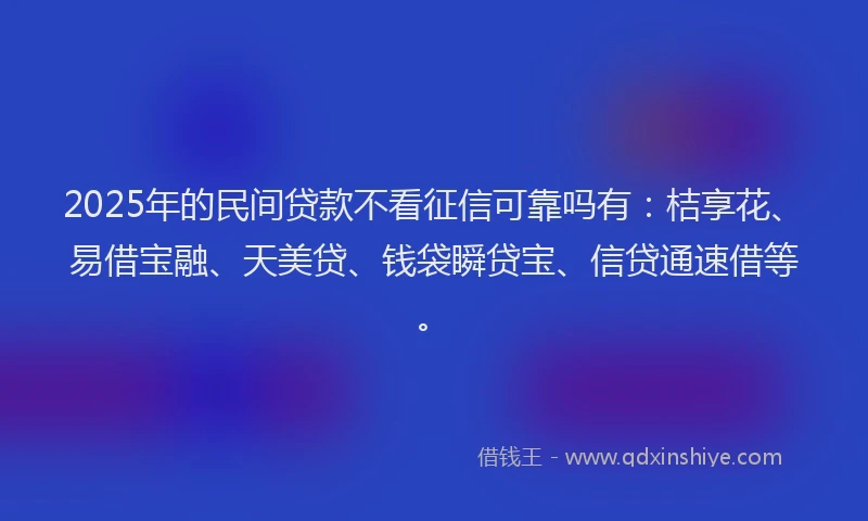 2025年的民间贷款不看征信可靠吗有：桔享花、易借宝融、天美贷、钱袋瞬贷宝、信贷通速借等。