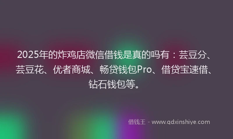 2025年的炸鸡店微信借钱是真的吗有：芸豆分、芸豆花、优者商城、畅贷钱包Pro、借贷宝速借、钻石钱包等。