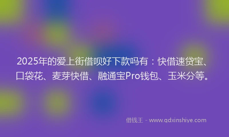 2025年的爱上街借呗好下款吗有：快借速贷宝、口袋花、麦芽快借、融通宝Pro钱包、玉米分等。