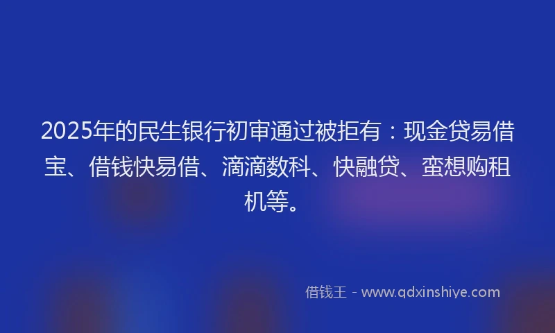 2025年的民生银行初审通过被拒有：现金贷易借宝、借钱快易借、滴滴数科、快融贷、蛮想购租机等。