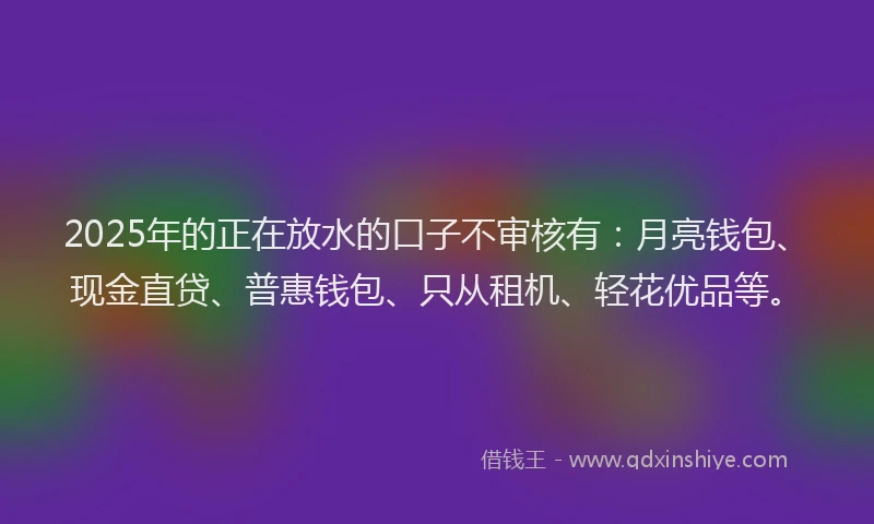 2025年的正在放水的口子不审核有：月亮钱包、现金直贷、普惠钱包、只从租机、轻花优品等。
