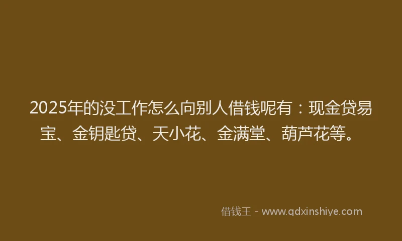 2025年的没工作怎么向别人借钱呢有：现金贷易宝、金钥匙贷、天小花、金满堂、葫芦花等。