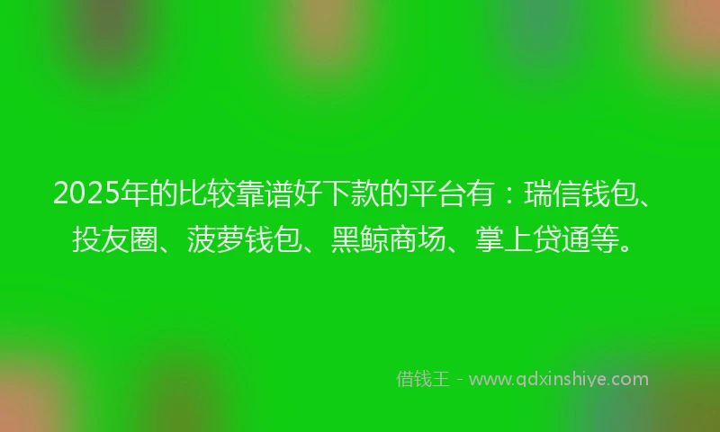 2025年的比较靠谱好下款的平台有：瑞信钱包、投友圈、菠萝钱包、黑鲸商场、掌上贷通等。