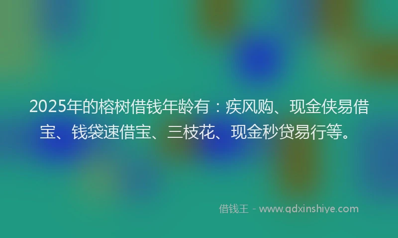 2025年的榕树借钱年龄有：疾风购、现金侠易借宝、钱袋速借宝、三枝花、现金秒贷易行等。